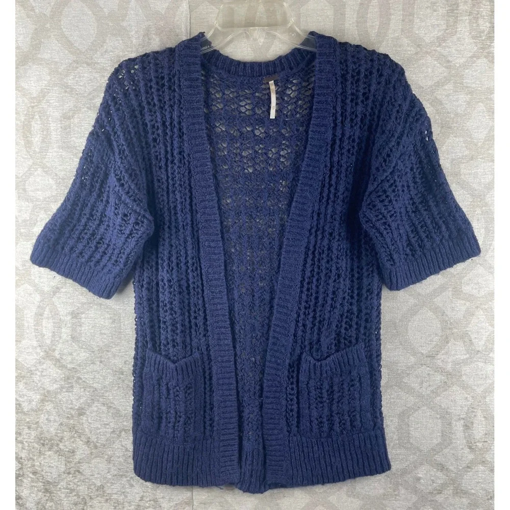 Free People Open Front Cardigan Womens XS Navy Blue Short Sleeve Crochet Knit
